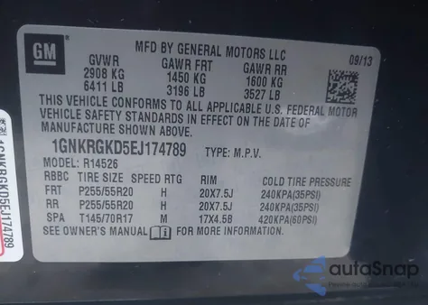 2014 Chevrolet Traverse 1Lt z USA, uszkodzony, nr VIN 1GNKRGKD5EJ174789